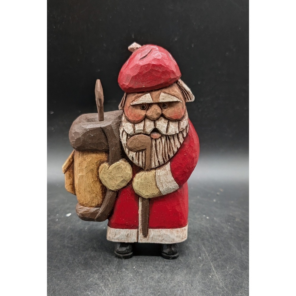 Hand Carved Wood Santa Claus Golfing Figurine 1999 Signed Folk Art Decor 6.5"